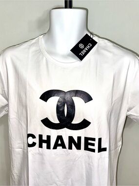 CHANEL White Tee with Black CC Emblem